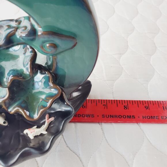 Ceramic Backflow Incense Burner Crescent Moon Lotus Waterfall Koi Fish Blue - Picture 6 of 7